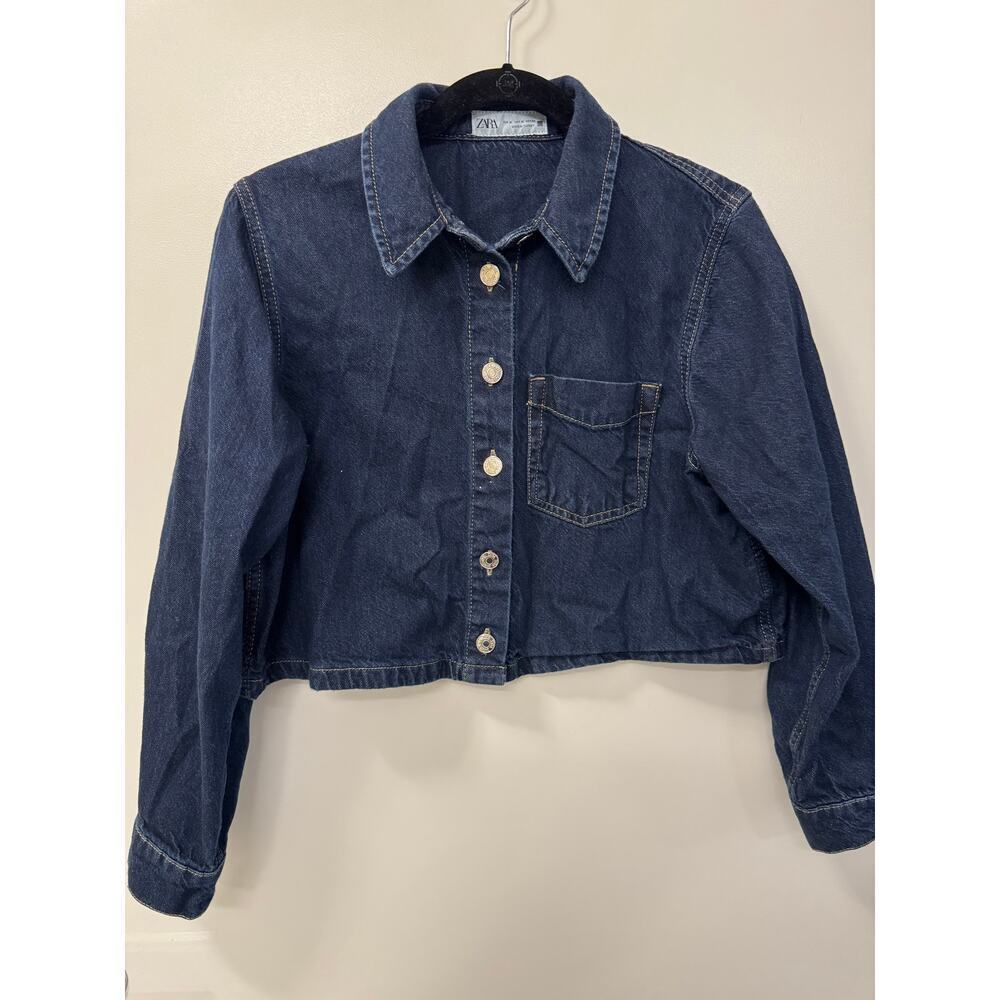 Zara Trucker Jacket Women's Medium Blue Cotton Denim Button Front Cropped Boxy